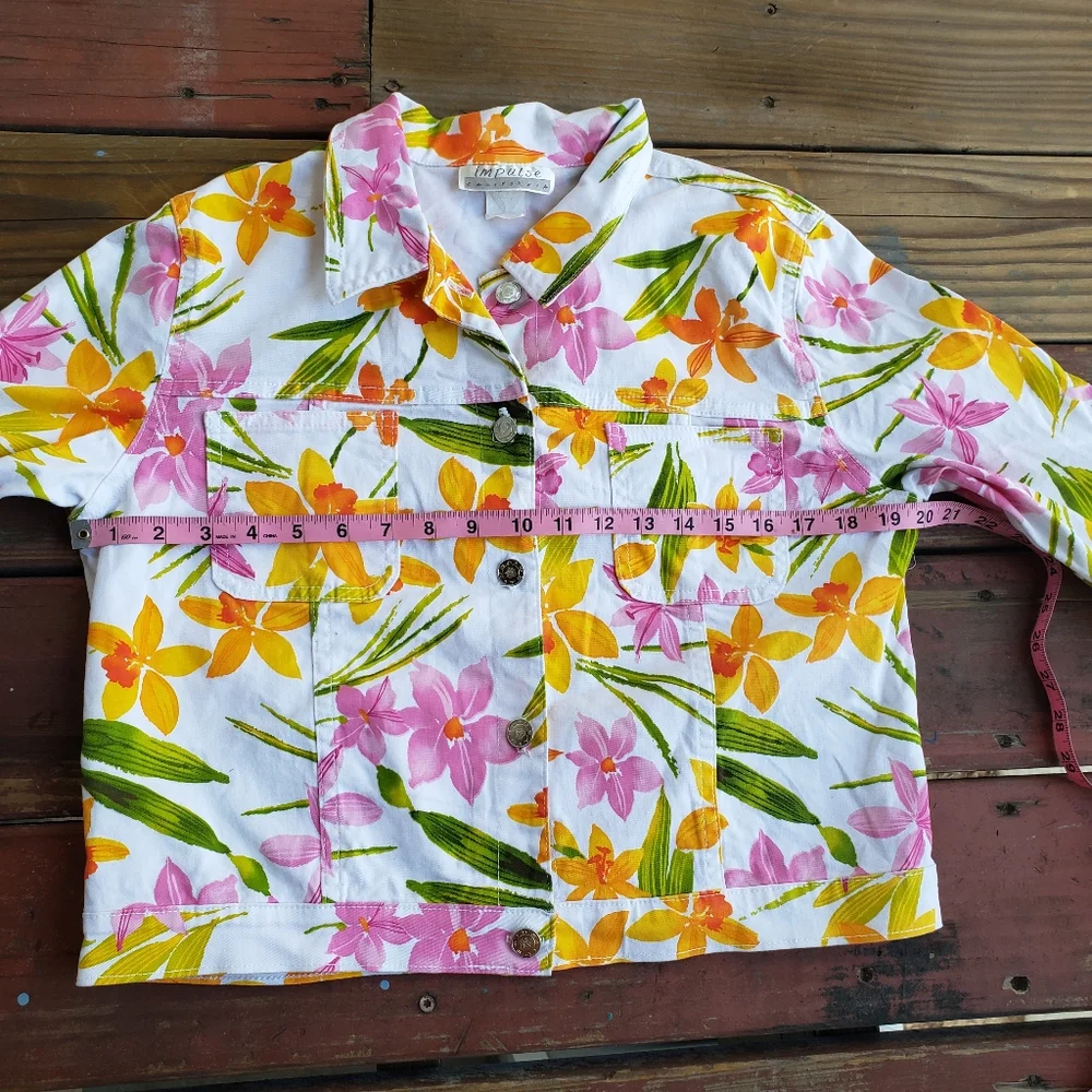 Vintage White Pink Orange Tropical Floral Jean Jacket Half Sleeves
